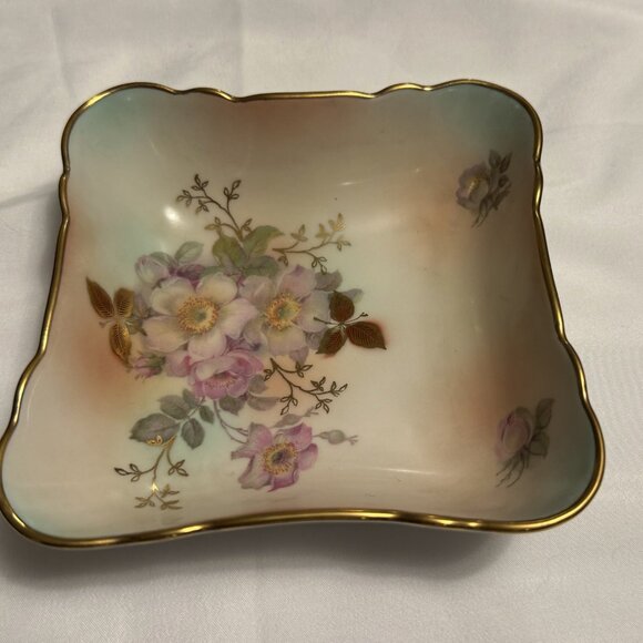 Vintage SCHUMANN ARZBERG Wild Rose Square Bowl Candy Trinket Dish Gold Trim - Picture 9 of 12